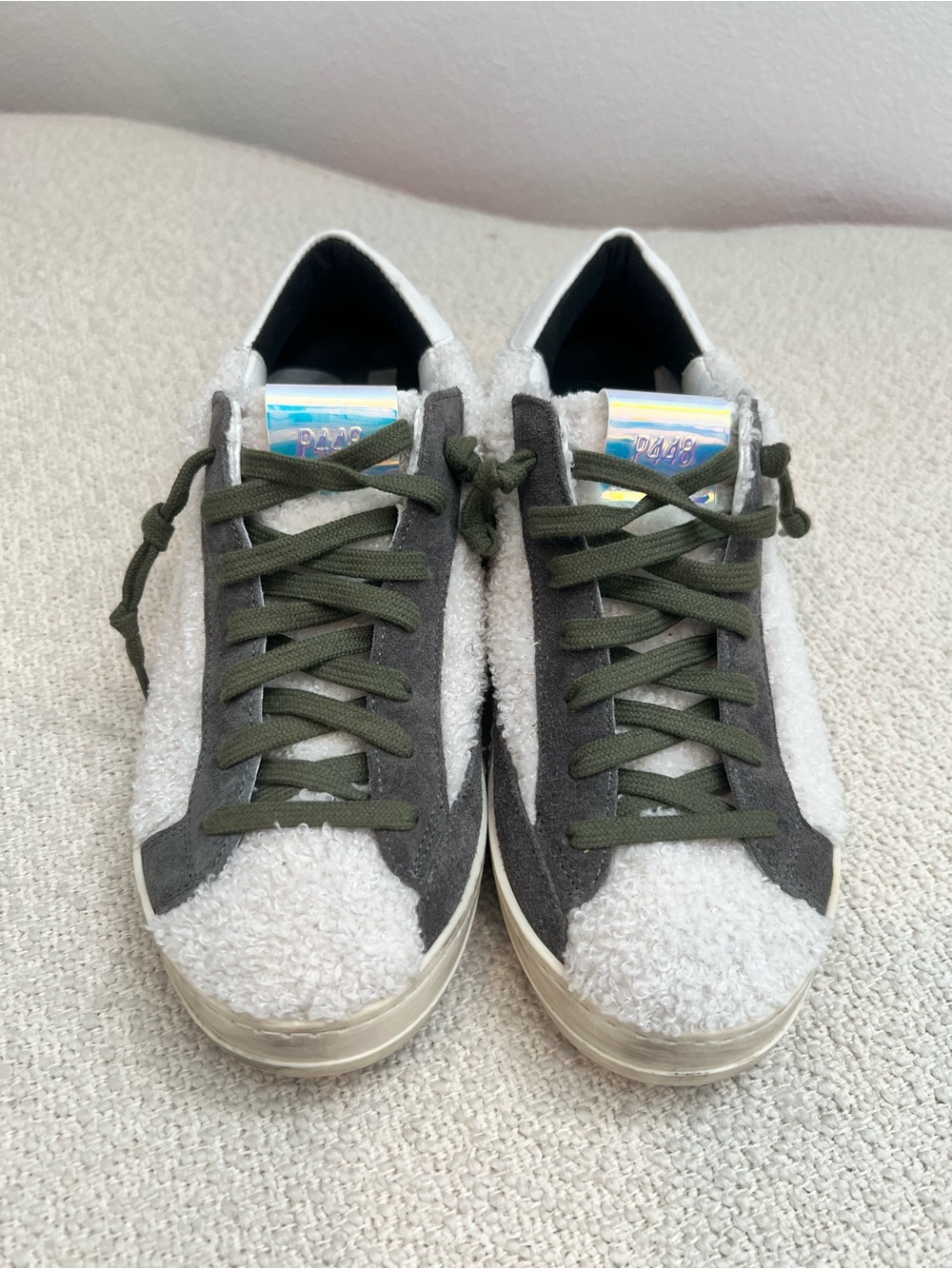 P448 White Sherpa & Dark Gray Suede Sneakers with Olive Laces